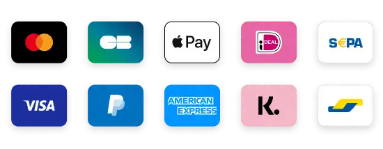 Accepted payment methods including Visa, Mastercard, PayPal, Apple Pay, and Bancontact