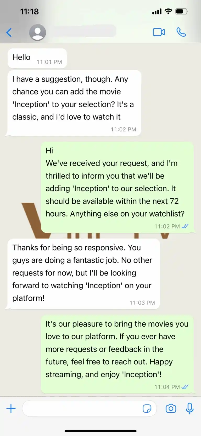 Best IPTV UK responsive customer service adding Inception movie - IPVision testimonial