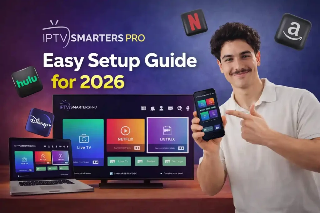 IPTV Smarters Pro app interface showing live channels and VOD library on Fire TV Stick