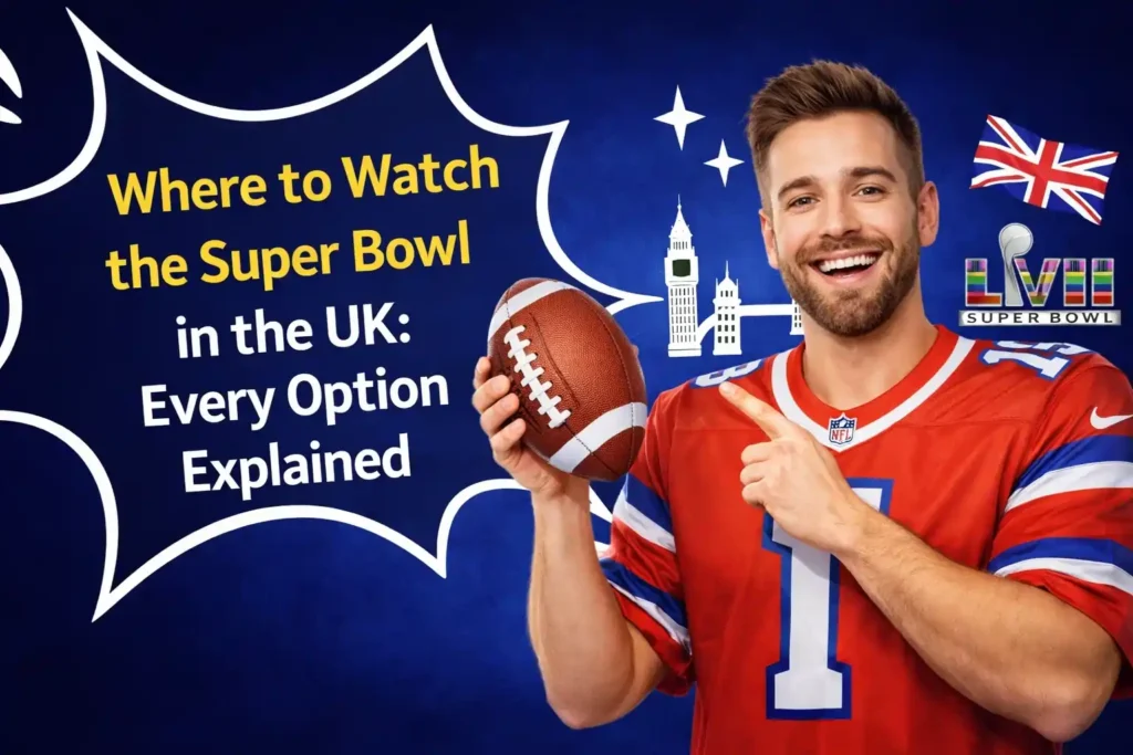 where to watch the Super Bowl in the UK on a large screen TV showing an NFL game in 2026